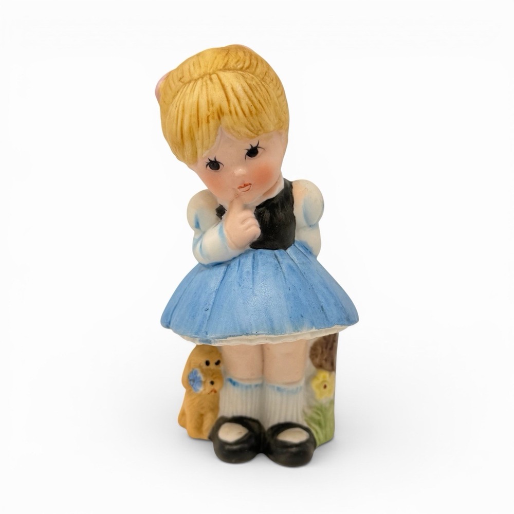 Vintage JASCO Little Girl Blue Dress Puppy Bisque Porcelain Figurine Collectible